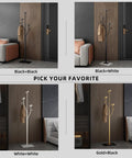 Four variations of Heavy-Duty Freestanding Coat Rack With Tree-Shaped Metal Design And Marble Base; black, white, gold options shown indoors