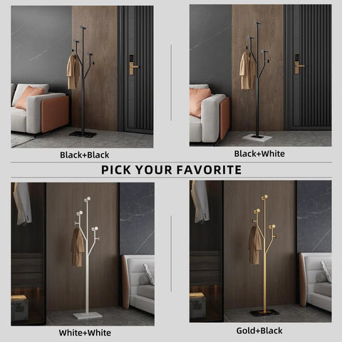 Four variations of Heavy-Duty Freestanding Coat Rack With Tree-Shaped Metal Design And Marble Base; black, white, gold options shown indoors