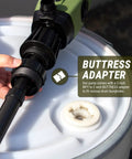 Heavy Duty Electric Fuel Pump Shuttles Diesel And Gasoline Hella Fast From 55 To 275 Gallon Drums Or Ibc Totes With Zero Sweat Flow Control And Cold Resistant Hose showing buttress adapter attached to drum.