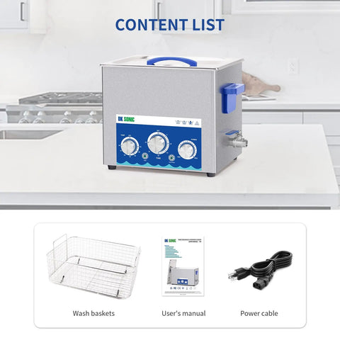 Badass Performance Ultrasonic Cleaner 10 Liter Tank with Adjustable Heat Timer on kitchen counter with accessories.