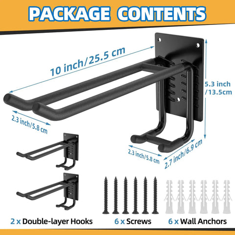 Two Pack Heavy Duty 10 Inch Two Tier Garage Hooks Wall Mount Organizer for Shed and Workshop Storage package contents