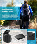 Upgraded 15 Inch Portable Toilet With Removable Paper Holder for camping shown folded and unfolded in a hiking setting.