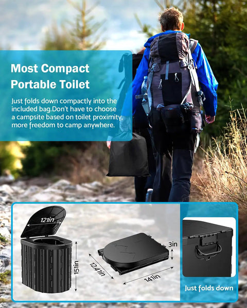 Upgraded 15 Inch Portable Toilet With Removable Paper Holder for camping shown folded and unfolded in a hiking setting.