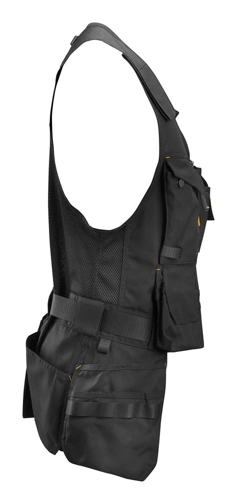 Side view of Allround Work Tool Vest For Men With Tons Of Pockets, Rugged Durable Build, Adjustable Side Fit, Black, XL