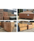Wooden storage crates at a warehouse, various sizes and shapes, sturdy construction, ready for shipping.