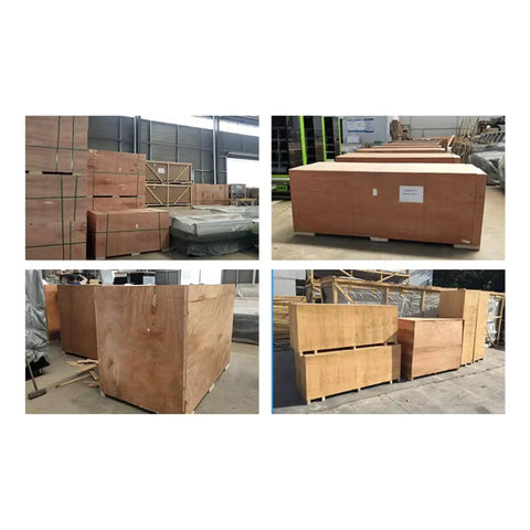 Wooden storage crates at a warehouse, various sizes and shapes, sturdy construction, ready for shipping.