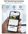 Hand holding smartphone displaying live feed from 4K Security Camera System With 4 Turret PoE Cameras And 8 Channel NVR 2TB HDD