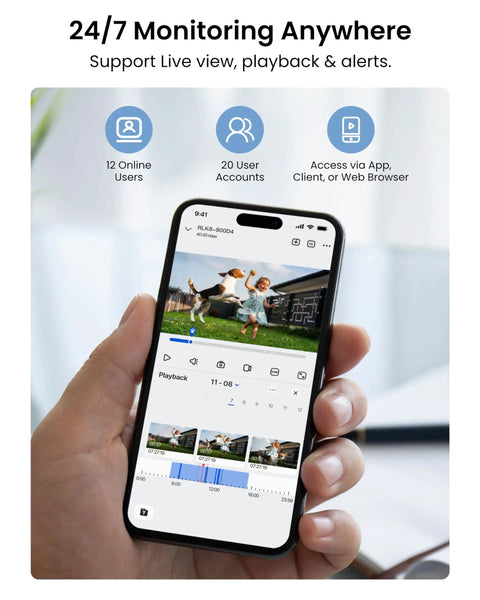 Hand holding smartphone displaying live feed from 4K Security Camera System With 4 Turret PoE Cameras And 8 Channel NVR 2TB HDD