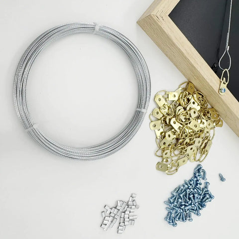 Heavy Duty Picture Hanging Wire Kit With 110 Feet Braided Wire 60 D Ring Hangers Screws And Aluminum Crimp Sleeves