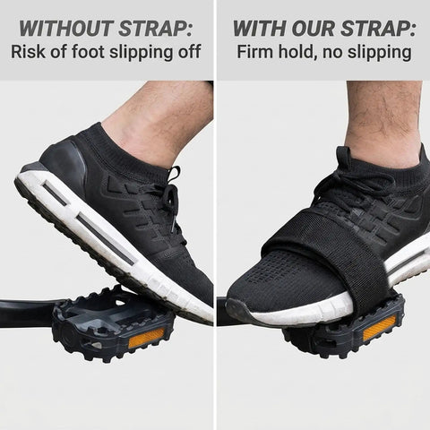 Comparison of foot slipping risk without strap versus secure hold with Heavy Duty Nylon Bike Pedal Straps 2 Pack Beam Style Anti Slip Adjustable Foot Straps For Fixed Gear Bikes Built For Daily Rides And Rough Trails Providing Secure Foot Grip And Durable Performance