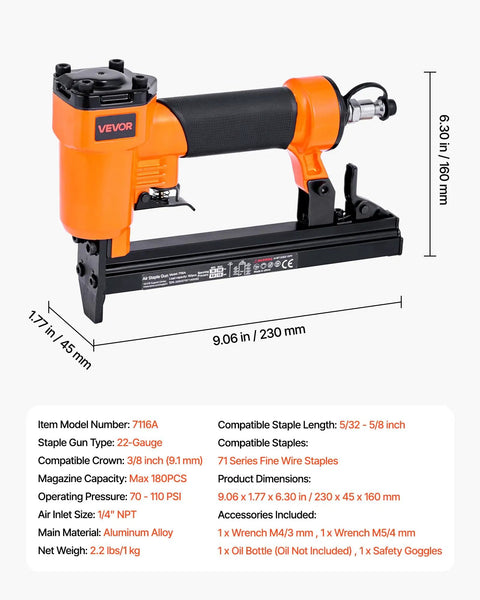 Pro Grade Pneumatic Staple Gun For Woodworking And Upholstering Projects Featuring Slick Firing 22 Gauge Design.
