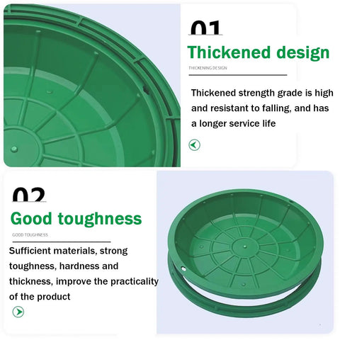 Green resin sump cover with frame showcasing thickened design and good toughness, suitable for garage floor drain and manhole cover use.