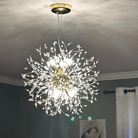 Modern Dandelion Firework Crystal Chandelier Gold Pendant Lighting Fixture For Dining Room Bedroom Entryway Foyer 9 Light Dimmable G9 Bulbs Luxe Beaded Crystal Showstopper Lit