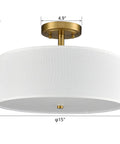 Dimmable Gold Semi Flush Mount Ceiling Light With Drum Shade, Dope 30W LED, 15 inch brass fixture with white fabric shade