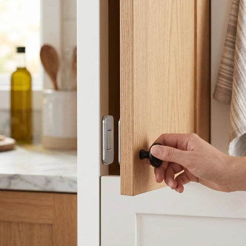 Opening cabinet door with adhesive stainless steel magnetic cabinet door catch easy install no drill with 15 pound hold.