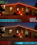 Comparison of two houses with 100Ft Outdoor RGB LED Strip Lights With WiFi IP65 Waterproof Alexa And Google Assistant Compatible Music Sync Remote And App Control Color Changing Rope Lights For Patio Garden Porch And Bedroom Ambience, showing consistent brightness vs. gradual decrease.
