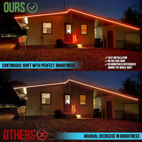 Comparison of two houses with 100Ft Outdoor RGB LED Strip Lights With WiFi IP65 Waterproof Alexa And Google Assistant Compatible Music Sync Remote And App Control Color Changing Rope Lights For Patio Garden Porch And Bedroom Ambience, showing consistent brightness vs. gradual decrease.