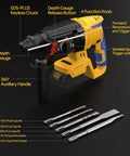Cordless SDS Plus Rotary Hammer Drill With Brushless Motor, Safety Clutch, 4 Functions, 5 Drill Bits, Carrying Bag, Compatible With 20V Max Batteries For Concrete, Masonry, Wood, And Metal, Battery Not Included, shown with labeled parts and drill bits on black background.