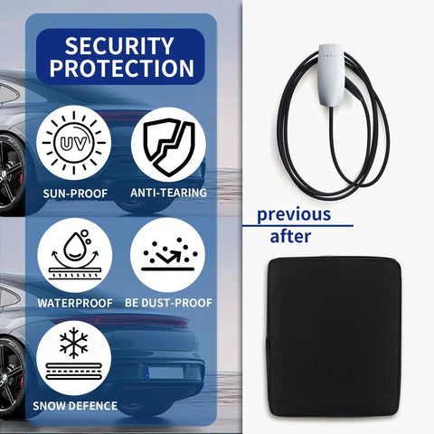 Heavy Duty EV Charger Cover Keeps Your Electric Vehicle Connector Locked Down Safe From Rain Snow And Mud While Delivering Hella Weather Proof Oxford Fabric Shield For Tesla And Universal Plug Ins with protection icons.
