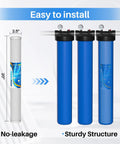 Diagram showing installation of 1 Micron 20 Inch Whole House CTO Carbon Sediment Filter Cartridge For Pre Filtration No More Chlorine Taste And Odor Two And A Half Inch Diameter By 20 Inch Length NSF Certified Fits C1 20 EP 20 HX CB 25 2010 F3WCB32 2 Pack next to blue housing