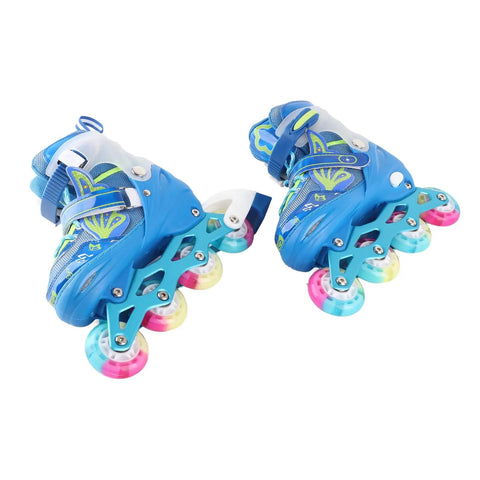 Kids Adjustable Inline Skates With Light Up Wheels Blue Roller Blades For Indoor And Outdoor Fun Super Comfy Breathable Fit ABEC 7 Bearings Easy Size Adjustments For Ages 6 To 12, featuring blue skates with colorful flashing wheels.