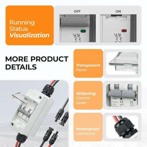 Image showing the Outdoor Solar Panel Disconnect Switch 1000V 10A IP65 Rated PV Disconnect with transparent panel and waterproof connectors.