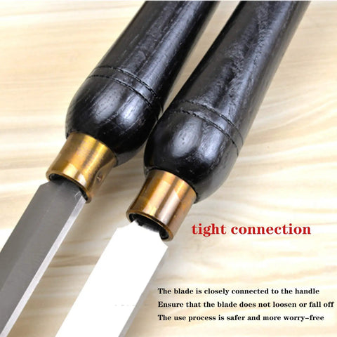 Close-up of handles and blades from the Top Notch Eight Piece Wood Lathe Chisel Set Featuring Razor Sharp High Speed Steel Blades And Tough Beech Handles That Grip Tight For Hella Durable Turning Mastery.