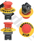 22mm Red Mushroom Emergency Stop Button Switch IP65 Waterproof SPDT With 1NO 1NC Contacts, front and side views of button.