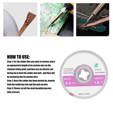 High Efficiency Copper Desoldering Wick Braids Kit, 5 Pack, 2mm Width, 4.9ft Length Each, Ideal For PCB Cleaning And BGA Rework