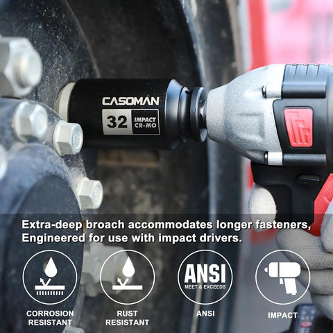 Heavy Duty Half Inch Drive Deep Impact Socket Set 6 Point CR MO Steel 32mm in use for axle nut removal with impact driver