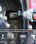 One Half Inch Drive Deep Axle Nut Socket Set in use on truck, showing 32mm socket size and impact driver with black oxide finish.
