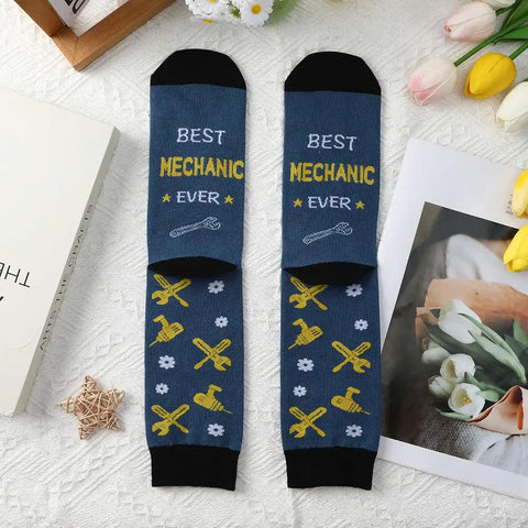 Mechanic Socks Gift Set For Men And Women with 'Best Mechanic Ever' text and auto tools design on a lace background.
