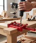 Adjustable Self Centering Doweling Jig Kit For Dead On Furniture Assembly And Heavy Duty DIY Woodworking Projects With Pro Shop Grade Clamp Drill Guide in red on workbench.