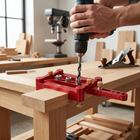 Adjustable Self Centering Doweling Jig Kit For Dead On Furniture Assembly And Heavy Duty DIY Woodworking Projects With Pro Shop Grade Clamp Drill Guide in red on workbench.