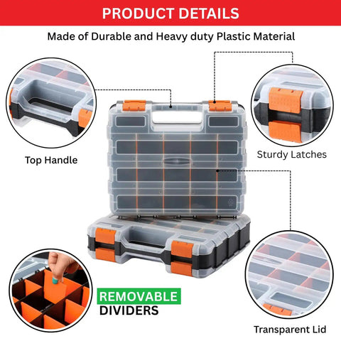 Grab And Go 34 Compartment Double Sided Tool Organizer Case With Removable Dividers For Screws Nuts Bolts Nails And Small Parts Orange Plastic Storage Box