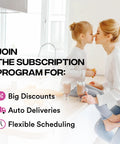 Mother and daughter kissing on kitchen counter with text promoting subscription program benefits like discounts, deliveries, and scheduling.