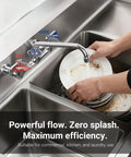 Sepaitek 8" Center Wall Mount Commercial Kitchen Sink Faucet with 10" Spout showing 360° rotation in use for washing plates.