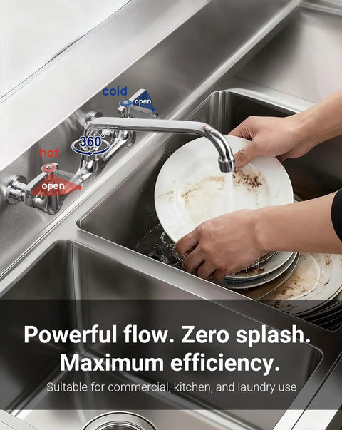 Sepaitek 8" Center Wall Mount Commercial Kitchen Sink Faucet with 10" Spout showing 360° rotation in use for washing plates.