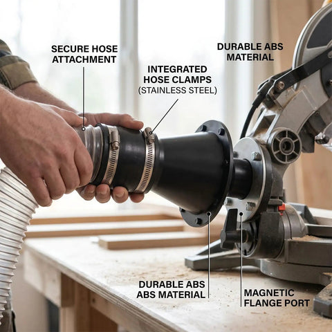 Quick Connect Magnetic Dust Collector Adapter for Woodworking Tools, 2.5 Inch Hose Coupler with Rubber Cuff, Rapid Hookup System showing durable ABS material and stainless steel hose clamps.