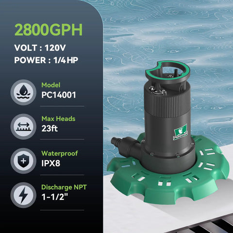 Automatic Submersible Pool Cover Pump 110V One Quarter HP 2800 GPH With Check Valve Adapter beside a pool