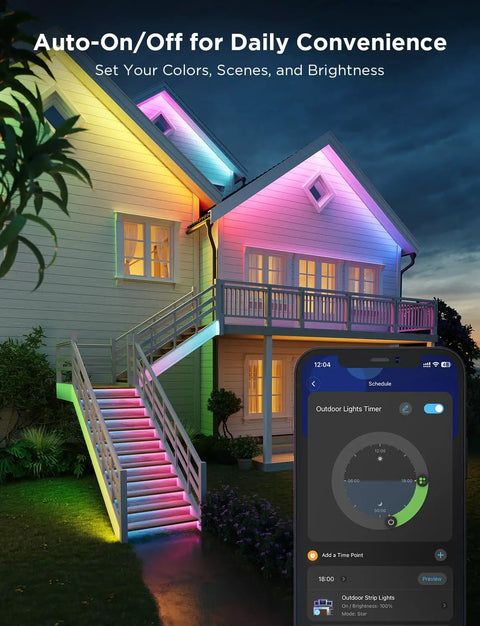 Outdoor LED Strip Lights 98.4 Feet Smart RGBIC Tape Lights for Patio controlling colors with app on house eaves and stairs