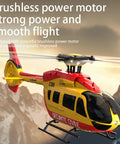 Beginner Friendly RC Helicopter With Optical Flow Positioning flying in a mountainous landscape, detailed view of yellow and red heli.