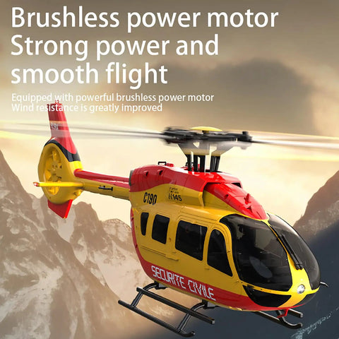Beginner Friendly RC Helicopter With Optical Flow Positioning flying in a mountainous landscape, detailed view of yellow and red heli.
