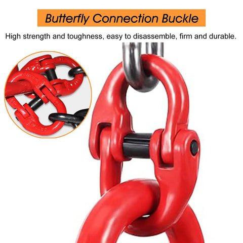 Butterfly connection buckle of Heavy Duty Single Leg Lifting Chain Sling forged from Grade Eight Zero steel blocks, showing red and black parts.