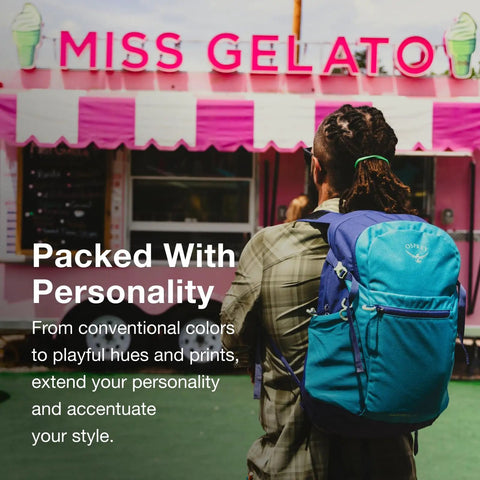 Daylite Plus Commuter Backpack Lightweight Everyday Carry for Work School and Travel at a colorful ice cream stand.