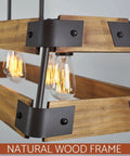 Close-up of rustic modern farmhouse kitchen island light with wood panel rectangular frame, oil-rubbed bronze accents, and bulbs