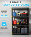 Four Tier Heavy Duty Plastic Storage Shelving Unit With 24 Inch Deep Bins For Garage And Basement Setup Rock Solid Modular Rack holds tools and supplies.