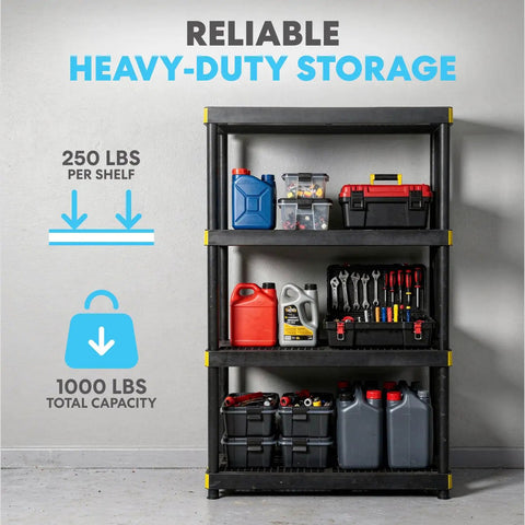 Four Tier Heavy Duty Plastic Storage Shelving Unit With 24 Inch Deep Bins For Garage And Basement Setup Rock Solid Modular Rack holds tools and supplies.