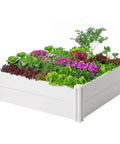 Vinyl Raised Garden Bed 4x4x1 Ft Open Bottom Planter For Above Ground Gardens with herbs and flowers, rust proof and UV resistant.