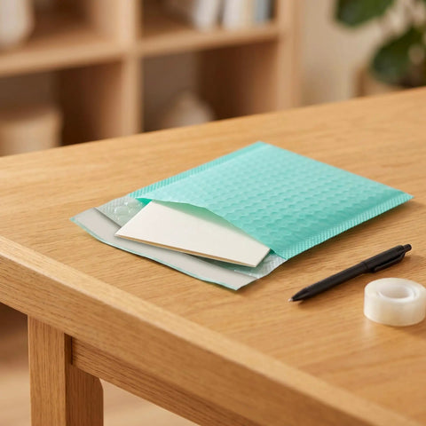 Teal 5x6 Inch Poly Bubble Mailers With Self Seal Adhesive Waterproof Padded Shipping Bags for Small Biz Packing on wooden desk